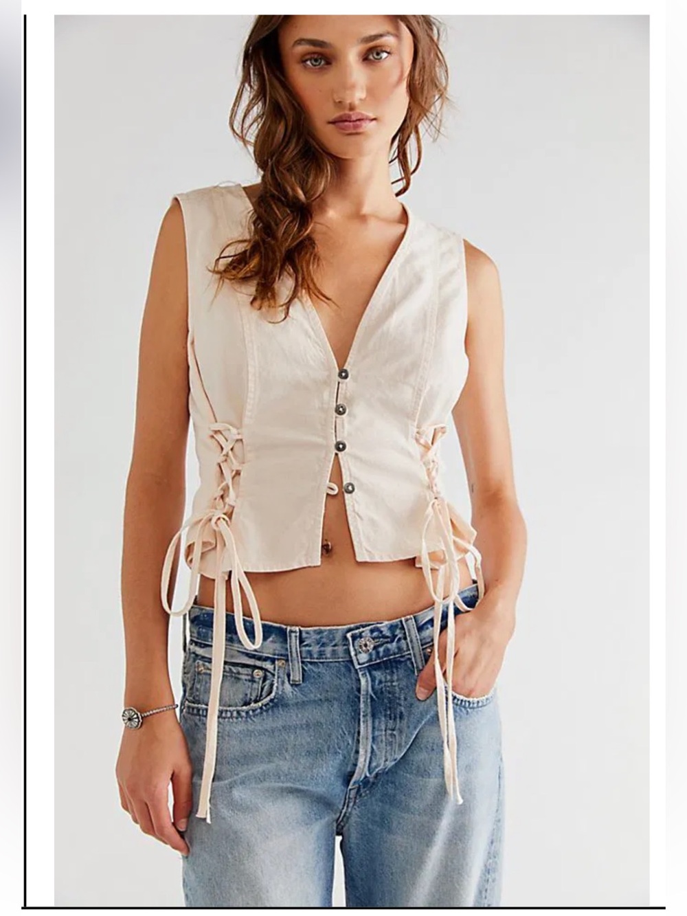 Free People LALA LACE UP VEST Ruched Side Button Front Denim Ivory Small $108